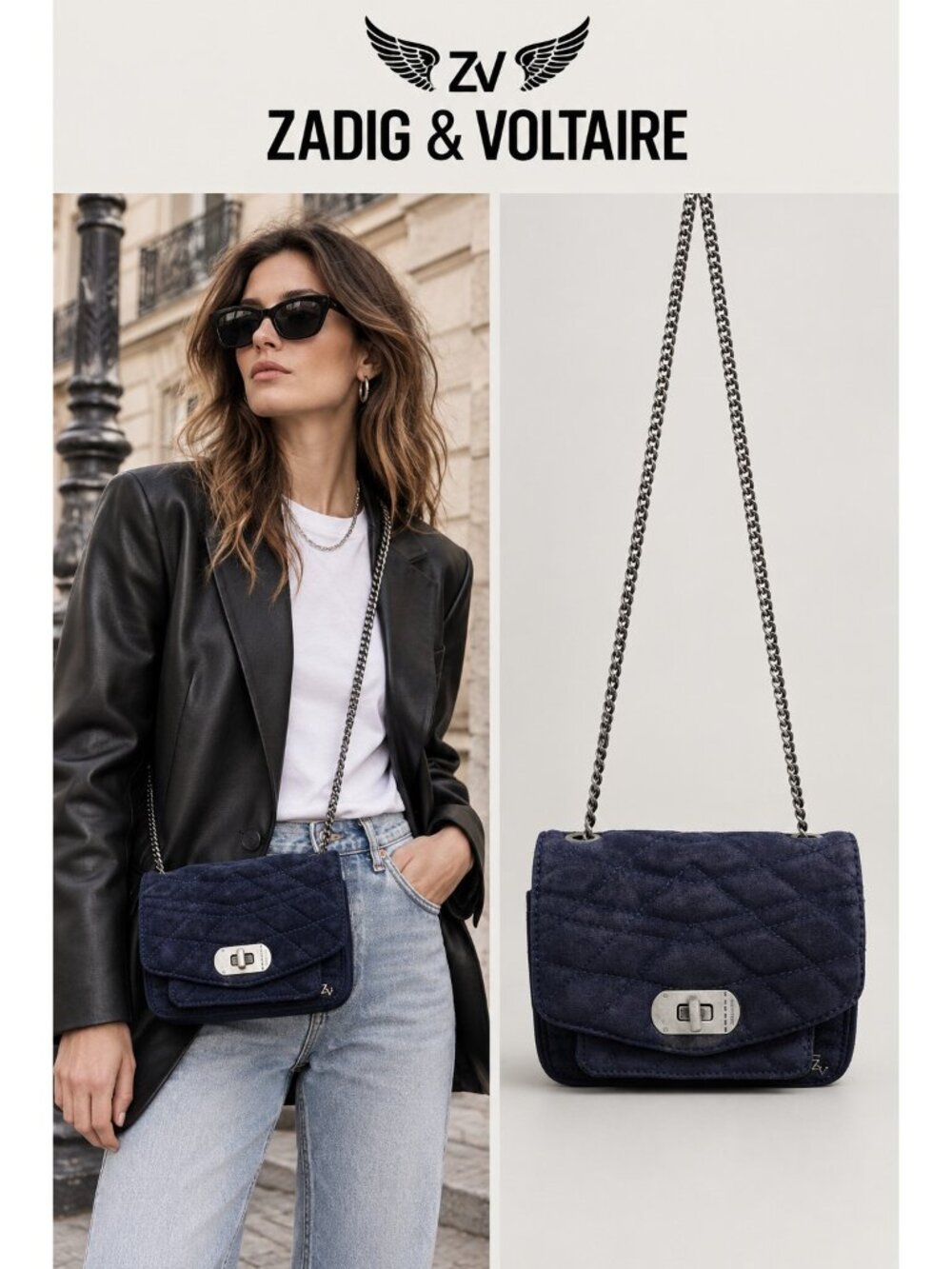 Zadig & Voltaire Navy Blue Quilted Suede Mini Chain Crossbody Bag